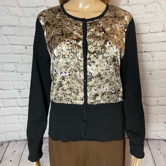 Geoffrey Beene Floral Silk Inset Knit Button Front Cardigan Size XL Runs Smaller - Picture 2 of 7